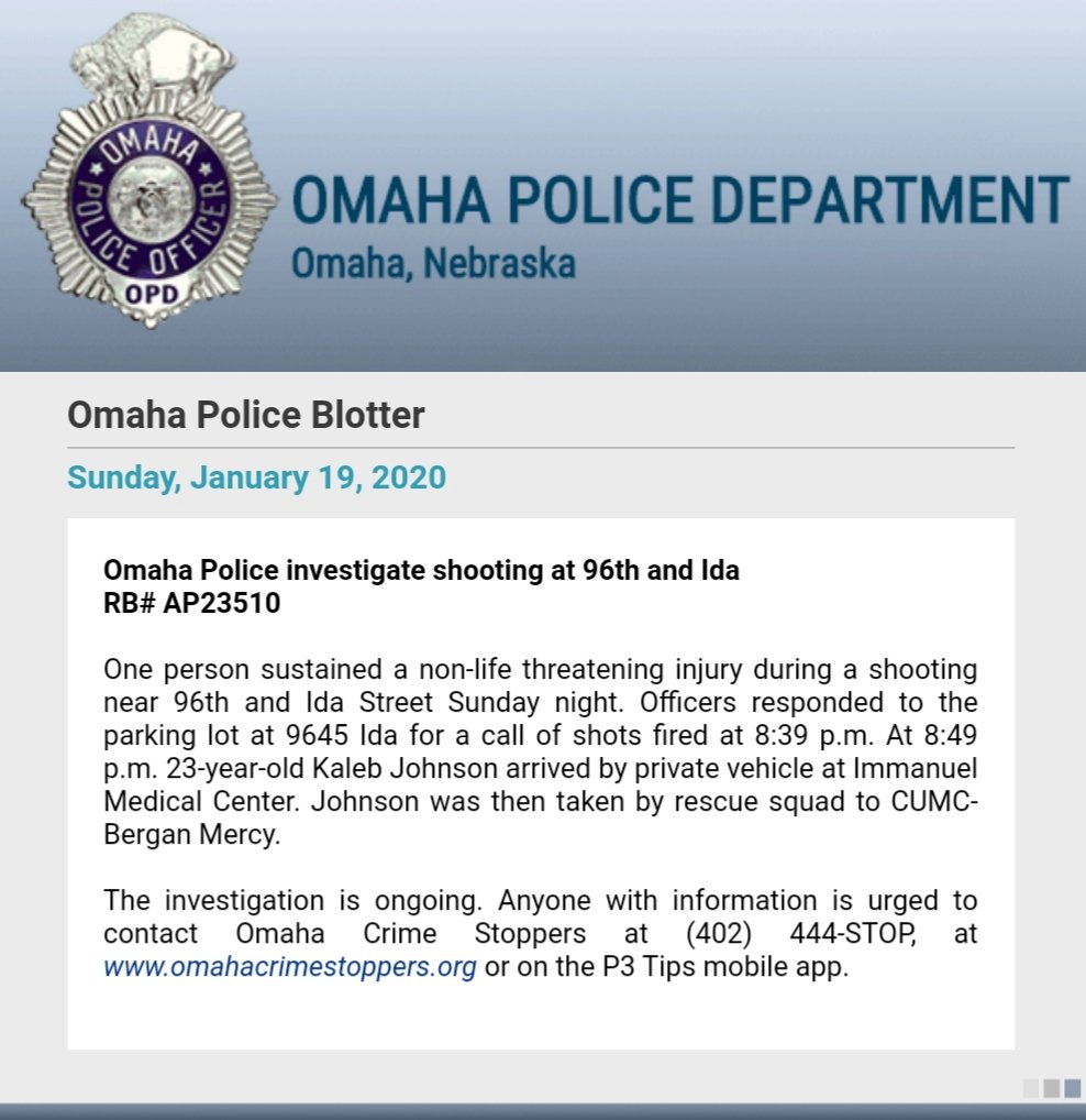 OmahaPolice investigating a Sunday night shooting near 96th and Ida Streets after a man walks into Immanuel Hospital with non-life threatening injuries