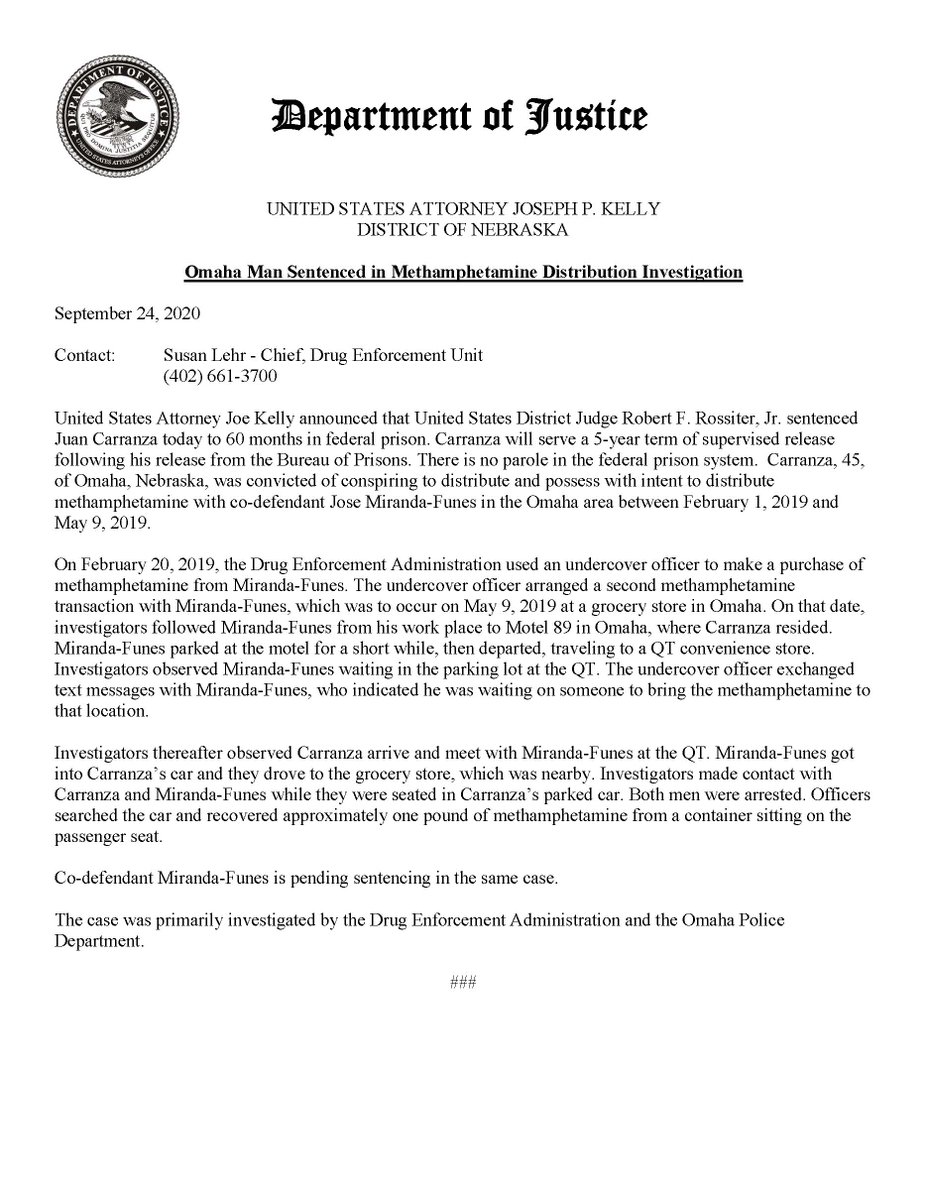 omaha man sentenced in meth distribution investigation today juan carranza of omaha neb was sentenced to 60 months in federal prison for conspiring to distribute and possess with intent to distribute meth nebraska liveuamap