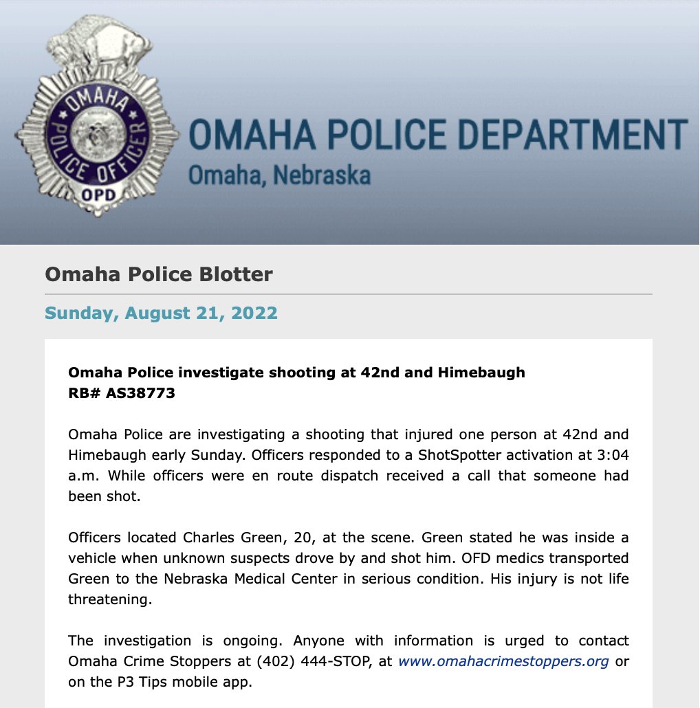 .@OmahaPolice investigate an early morning shooting near 4nd and Himebaugh. Officers responding to a @shotspotter activation found one person injured. They were transported with non-life threatening injuries.