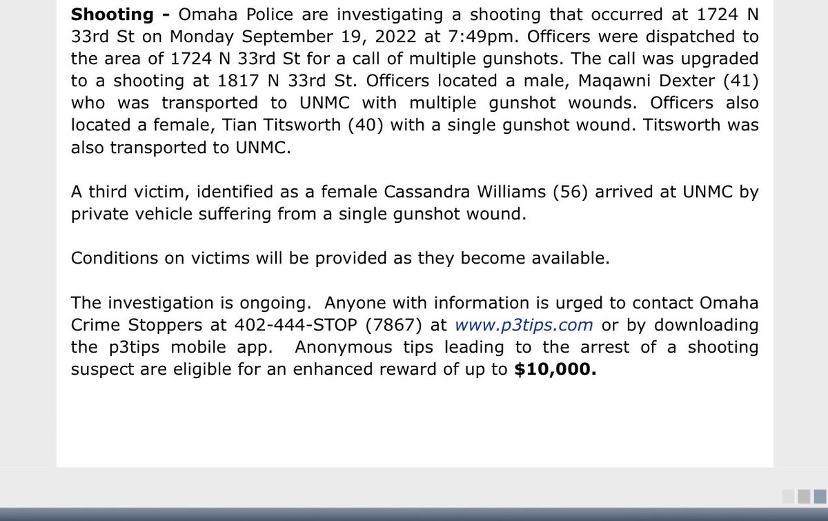 .@OmahaPolice investigating a triple shooting near 33rd and Decatur Street. One victim suffered multiple gun shot wounds. Conditions have not been released