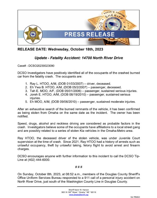 .@DCSheriffNE provides an update on the October 8th double fatal crash near 14700 North River Drive near the Washington County Line in Douglas County. Deputies and members of the Ponca Hills Fire Department responded to a lone vehicle in the ditch fully consumed in fire. 