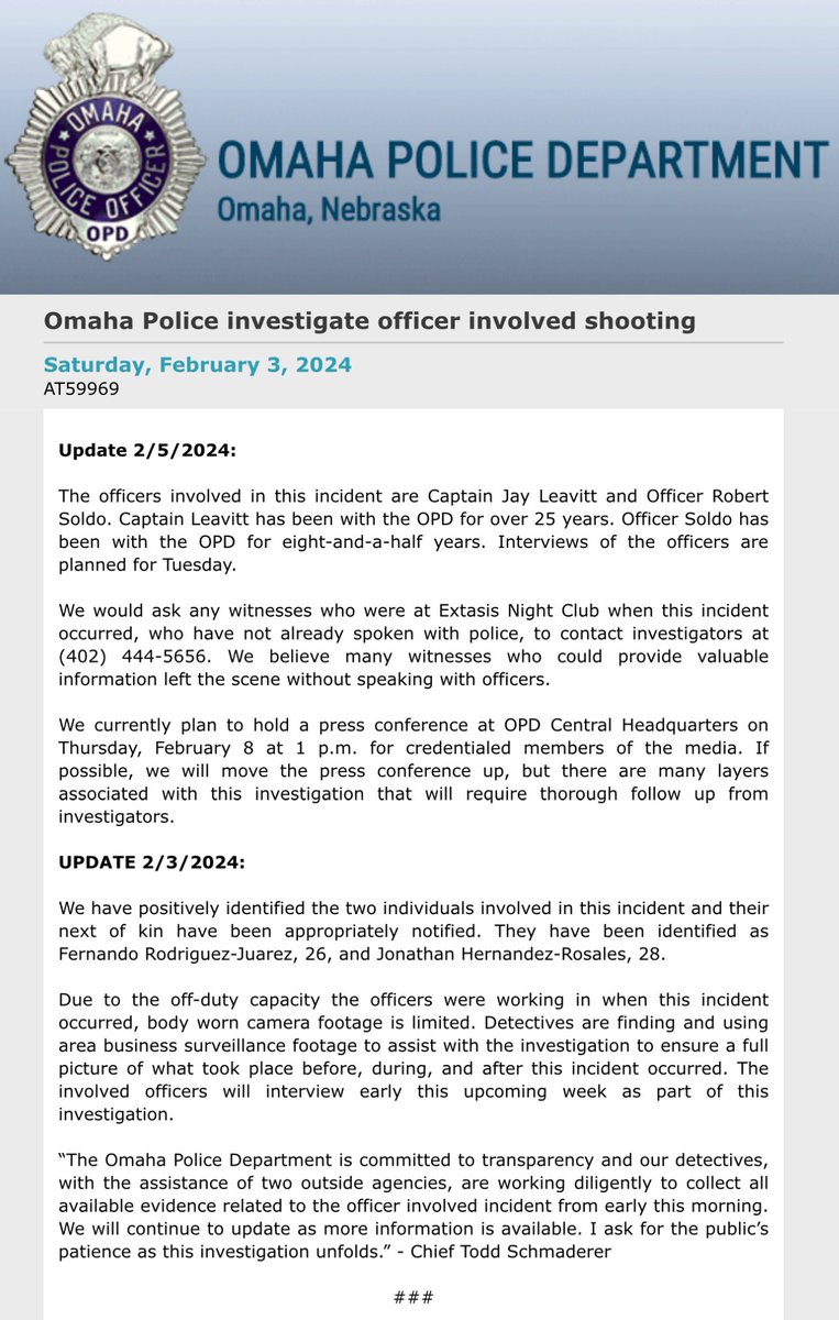OmahaPolice have identified the two officers involved in the officer involved shooting near 32nd and L Street. Captain Jay Leavitt and Officer Robert Soldo. Their interviews are planned for Tuesday. OPD is asking for any witnesses that have not talked to police to come forward