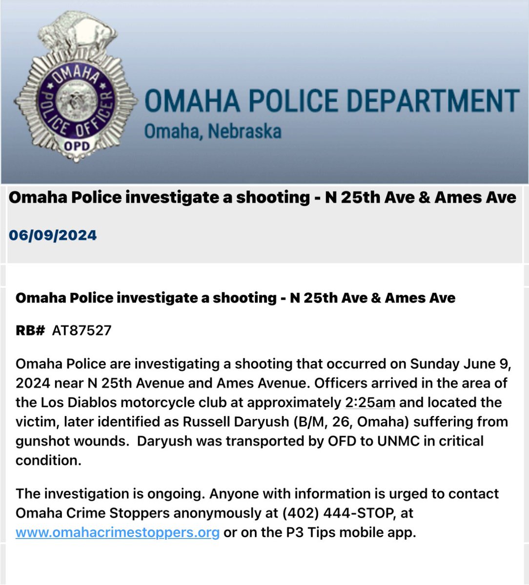 OmahaPolice investigating a shooting at 25th and Ames Ave this morning around 2:25 a.m. One victim was transported with critical injuries.