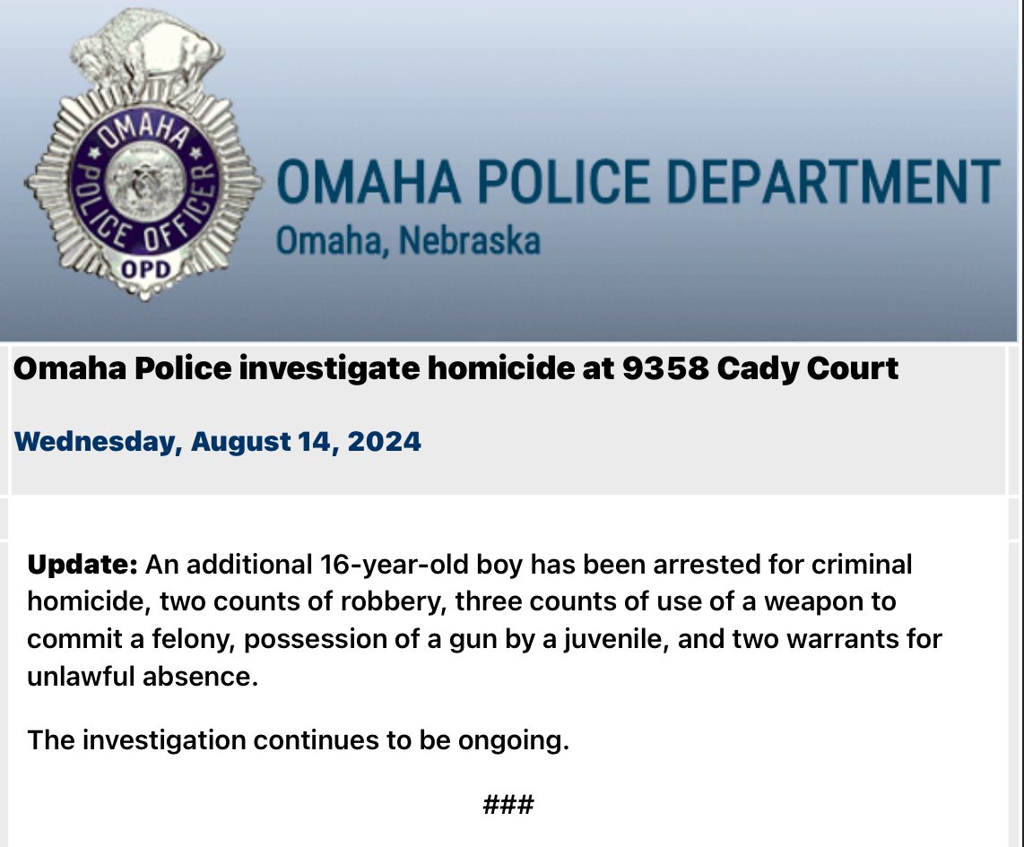 .@OmahaPolice have announced a fifth juvenile was arrested for criminal homicide and other charges in the homicide of Mursal Jama. The juvenile is 16-years-old