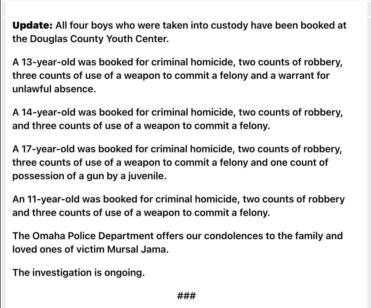 .@OmahaPolice have announced a fifth juvenile was arrested for criminal homicide and other charges in the homicide of Mursal Jama. The juvenile is 16-years-old