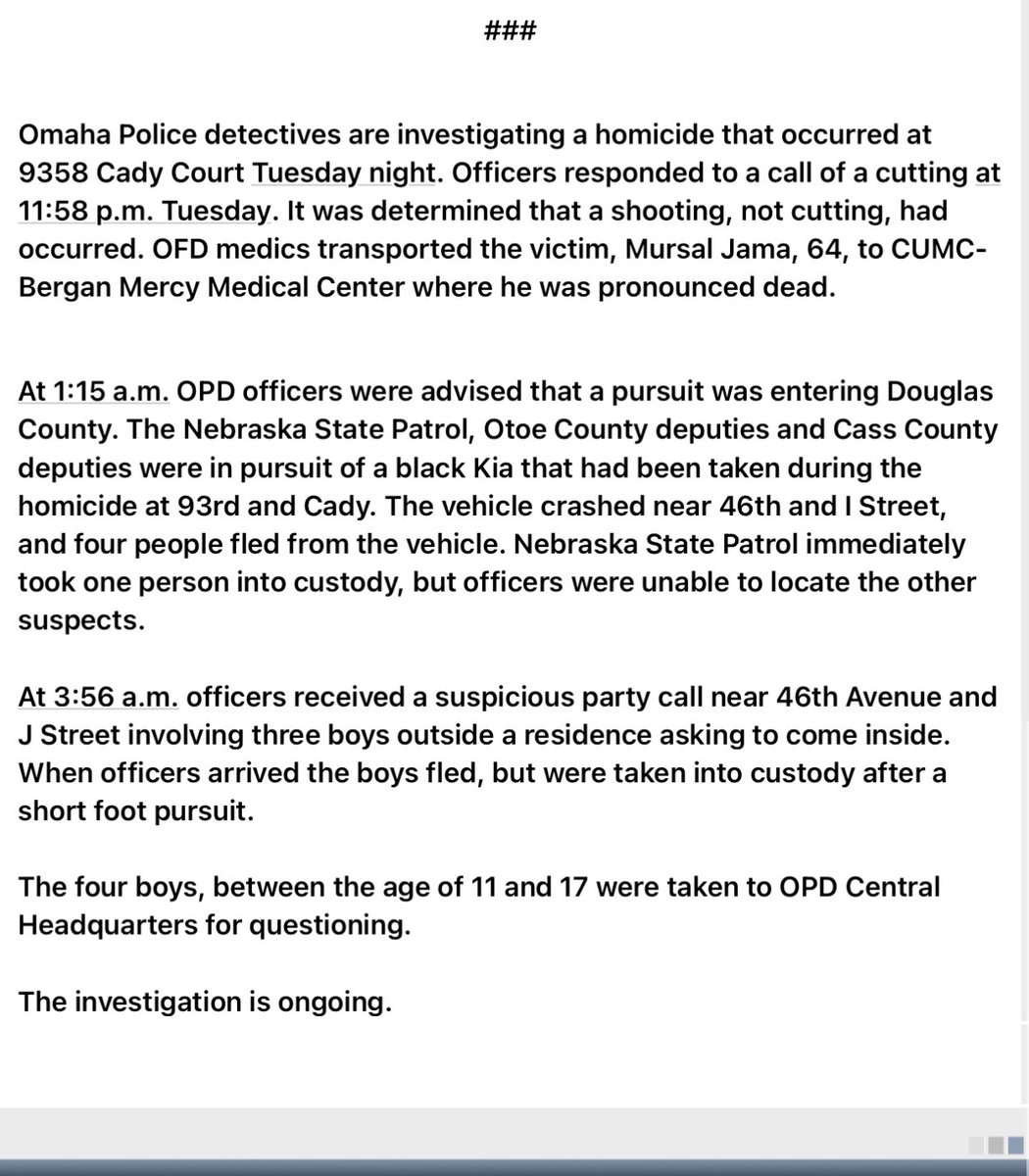 @OmahaPolice have arrested a sixth juvenile in the homicide of Mursal Jama. This juvenile is 16-years-old and has also been charged with criminal homicide