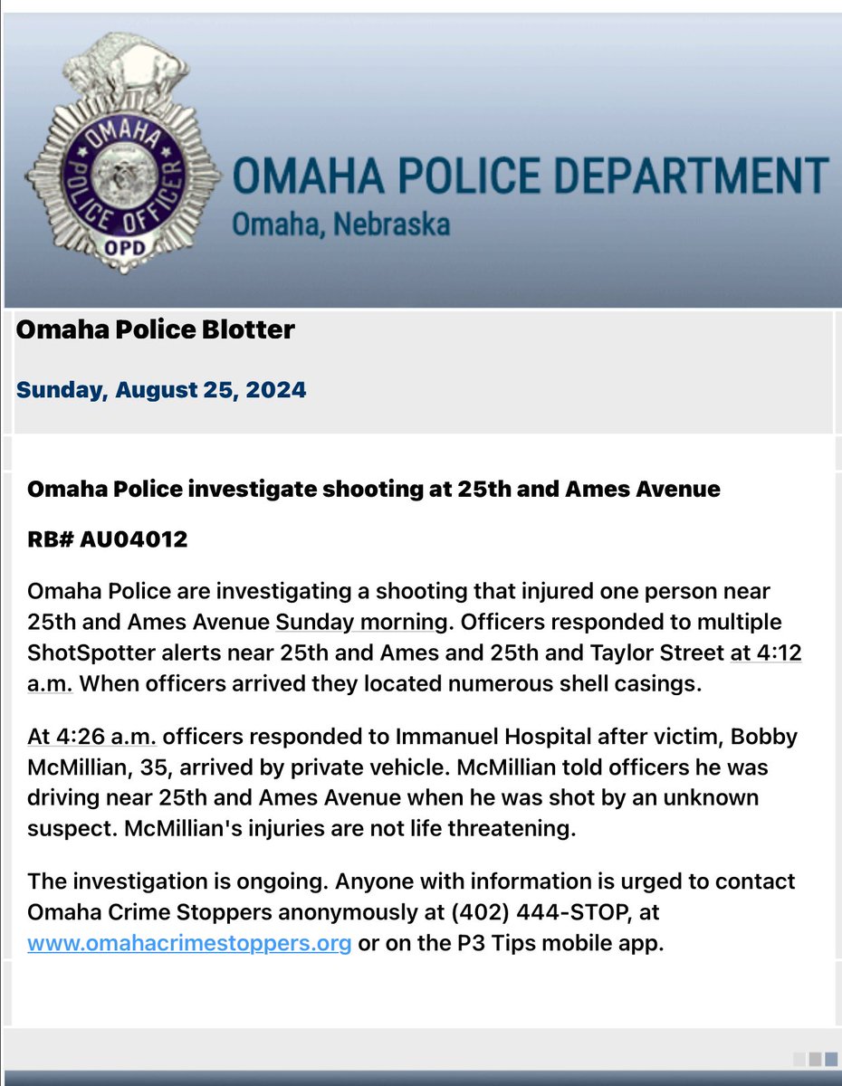 OmahaPolice are investigating an early morning shooting near 25th and Ames Avenue. A walk-in shooting victim showed up to Immanuel after detected shots fired.