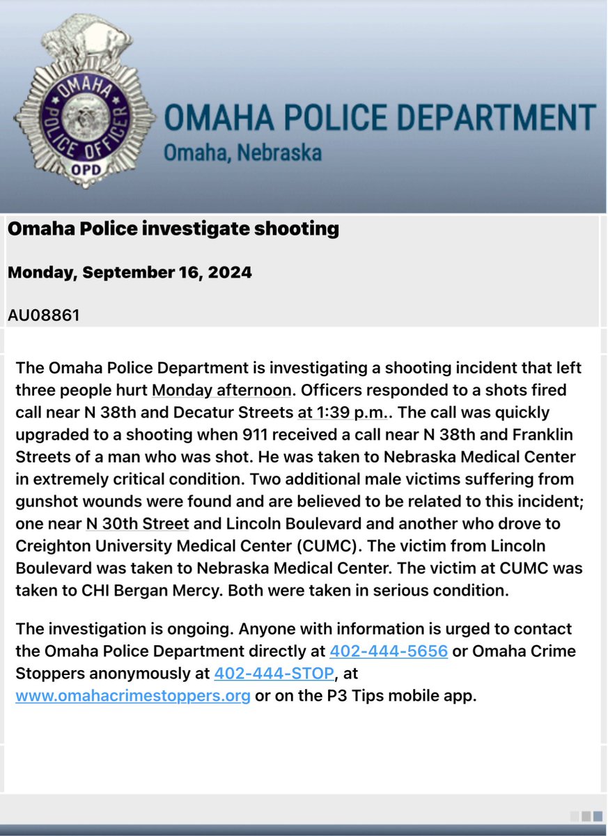 Omaha Police are investigating a triple shooting after being called to a shots fired near 38th and Decatur Street. One victim was located near 38th and Franklin, a second was located near 30th and Lincoln Boulevard and a third was located at Creighton. 