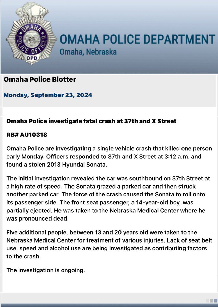 Omaha Police investigating a fatal crash that killed a 14-year-old boy. The stolen car was going at a high rate of speed when it hit parked cars. Five others were transported for various injuries. This is the 39th fatal crash in Omaha for 2024