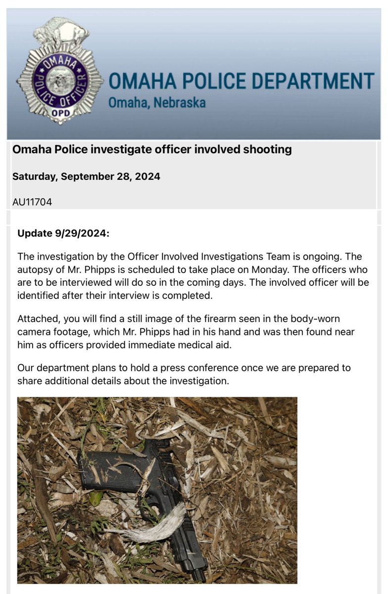 .@OmahaPolice provide an update on officer involved shooting that occurred near N 31st Avenue and Taylor Street on Saturday, September 28th. The autopsy of Steven Phipps is scheduled to take place on Monday. Officer interviews will take place in the coming days. 