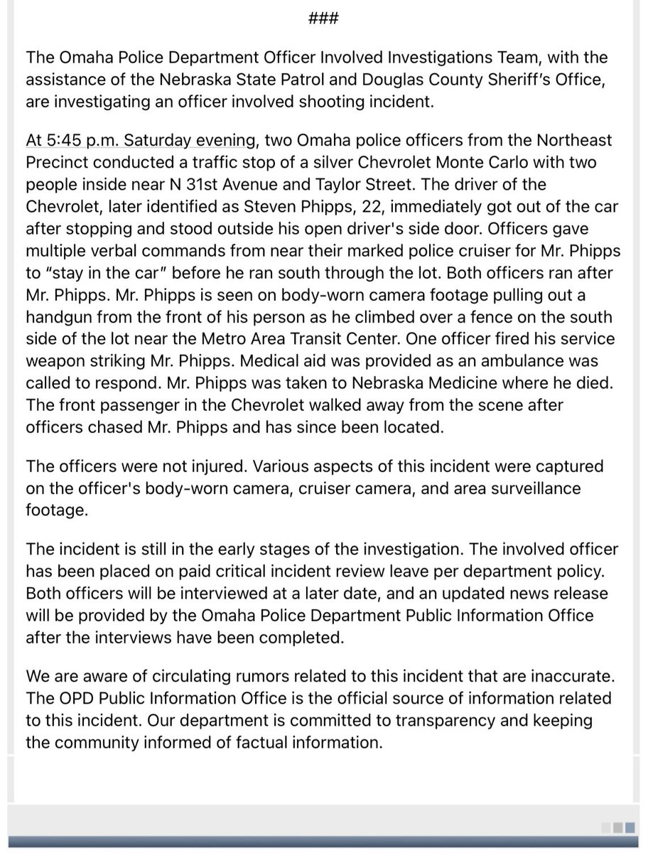 .@OmahaPolice provide an update on officer involved shooting that occurred near N 31st Avenue and Taylor Street on Saturday, September 28th. The autopsy of Steven Phipps is scheduled to take place on Monday. Officer interviews will take place in the coming days. 