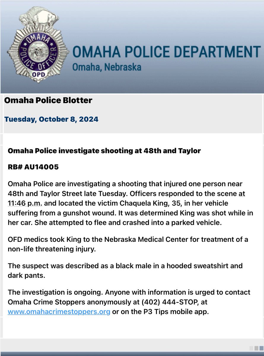 .@OmahaPolice are investigating a shooting at 48th and Taylor Street that left one person with non-life threatening injuries. The suspect was described as a black male in a hooded sweatshirt and dark pants. Contact @CrimeOpd with tips using RBAU14005