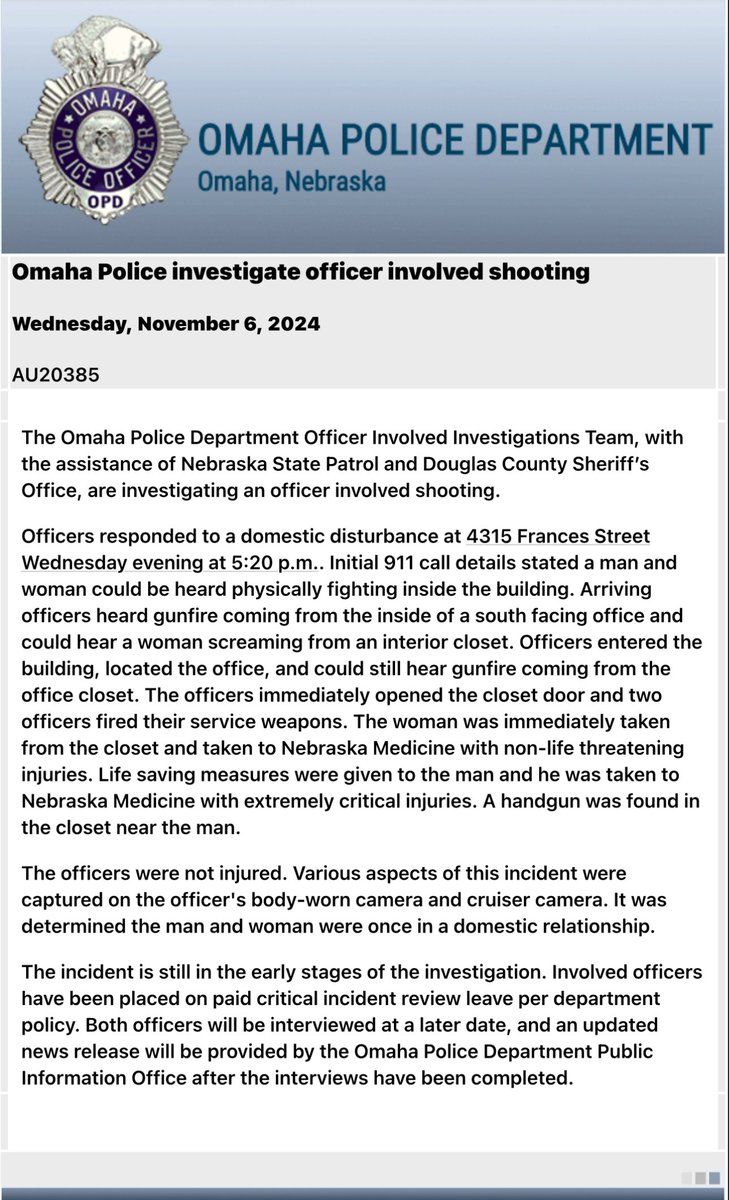 .@OmahaPolice have released preliminary details regarding the officer involved shooting that occurred earlier today at 4315 Francis Street