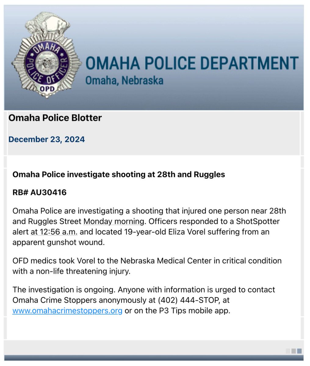 Omaha Police are investigating a shooting that injured one person near 28th and Ruggles Street Monday morning. Officers responded to a alert at 12:56 a.m. and located 19-year-old Eliza Vorel suffering from an apparent gunshot wound