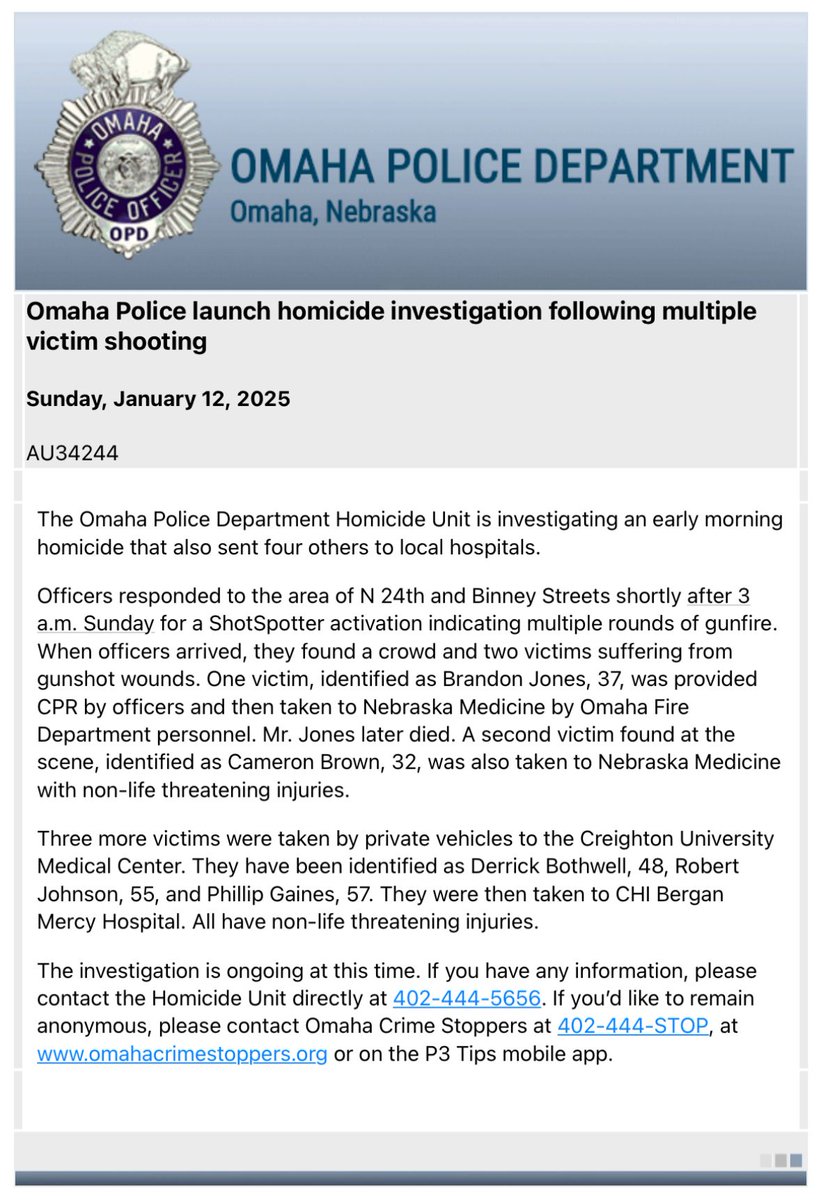 The @OmahaPolice Homicide Unit is investigating an early morning homicide that also sent four others to local hospitals.Officers responded to the area of N 24th and Binney Streets shortly after 3 a.m. Sunday for a activation.