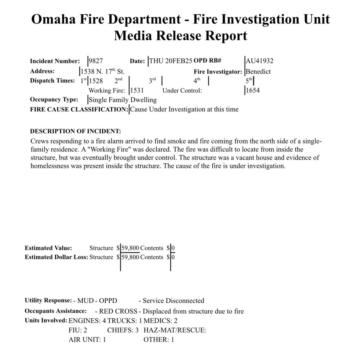 Omaha Fire Dept are investigating a house fire at 1538 N 17th Street. The fire was difficult to locate but eventually brought under control. The house was vacant and evidence of homelessness was present inside