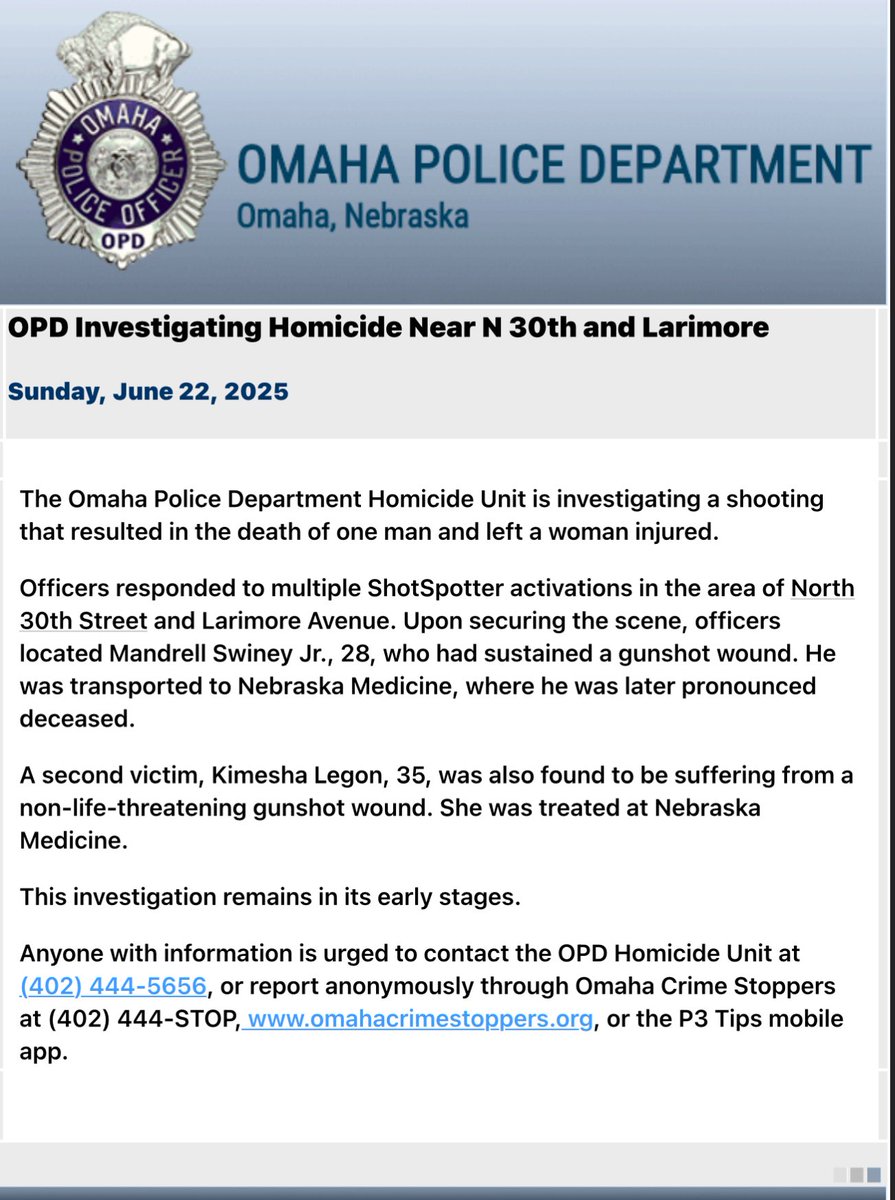 Omaha Police are investigating a homicide near 30th and Larimore that occurred on June 22nd. Officers responded to multiple activations in the area of North 30th Street and Larimore Avenue