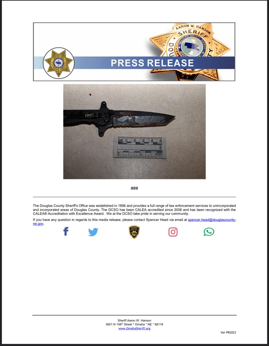 @DCSheriffNE responded to a stabbing in progress near 90th and Ida Street. A male had a self-inflicted wound to the neck. Deputies were able to treat the male on scene and Irvington Fire transported the patient