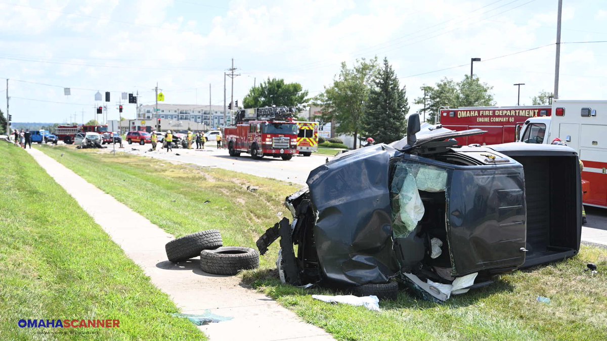 Omaha Fire and Omaha Police on scene of a large crash scene near 180th and Harrison Street. Two people were transported Code 3 Trauma (critical) from the scene 