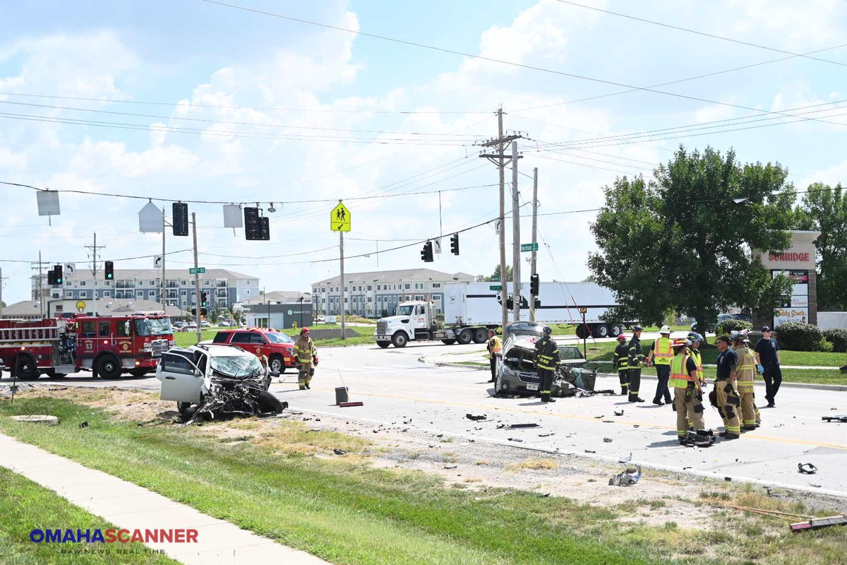 Omaha Fire and Omaha Police on scene of a large crash scene near 180th and Harrison Street. Two people were transported Code 3 Trauma (critical) from the scene 