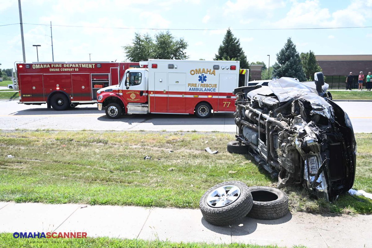 Omaha Fire and Omaha Police on scene of a large crash scene near 180th and Harrison Street. Two people were transported Code 3 Trauma (critical) from the scene 