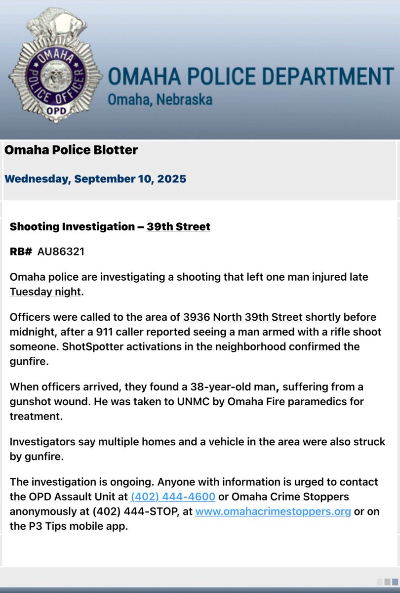 OmahaPolice are investigating a shooting that occurred near 39th and Sprauge Street. One patient was transported while homes and a vehicle were hit by gunfire.