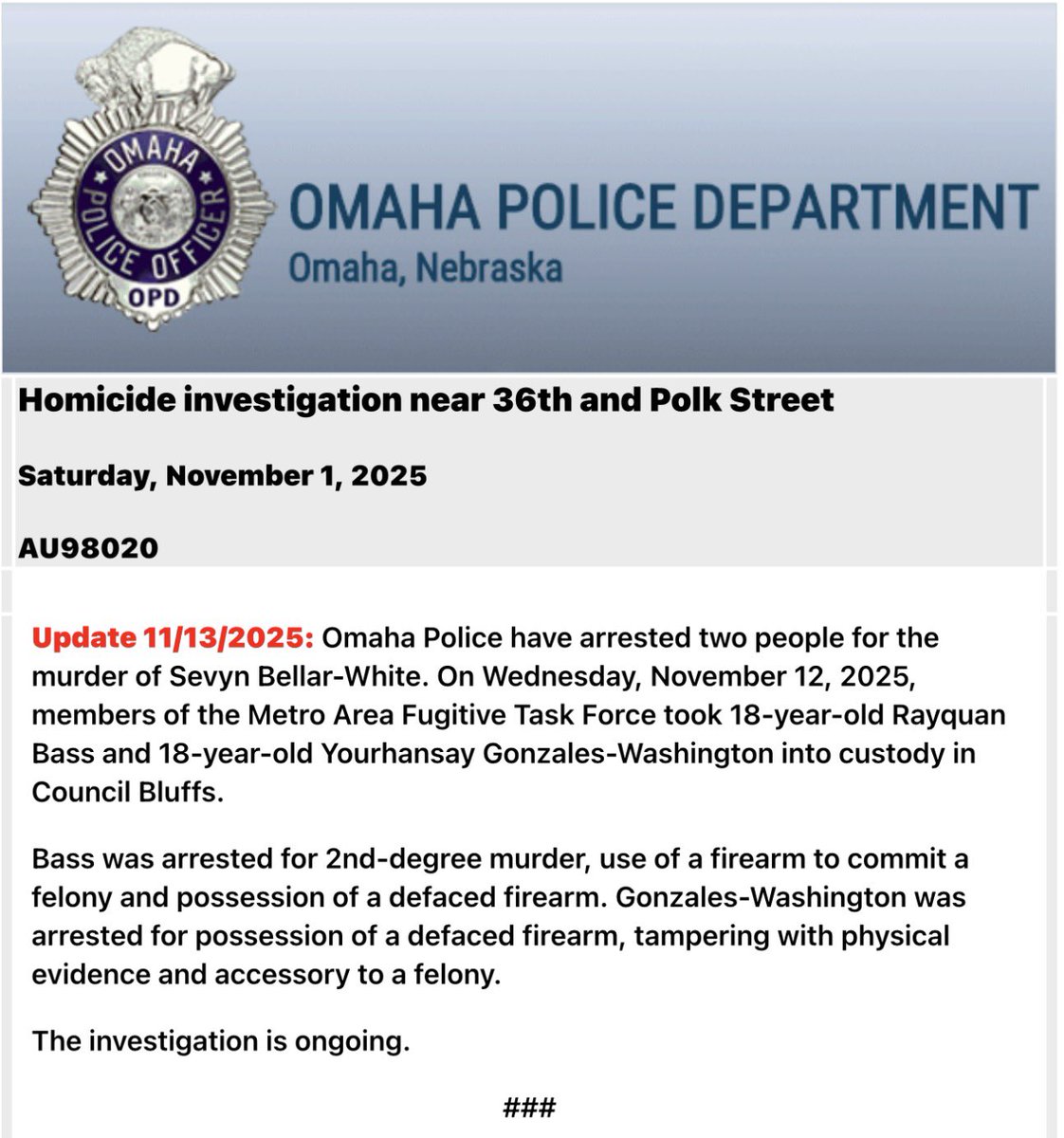 OmahaPolice announce the arrest of two people for the murder of Sevyn-Bellar-White