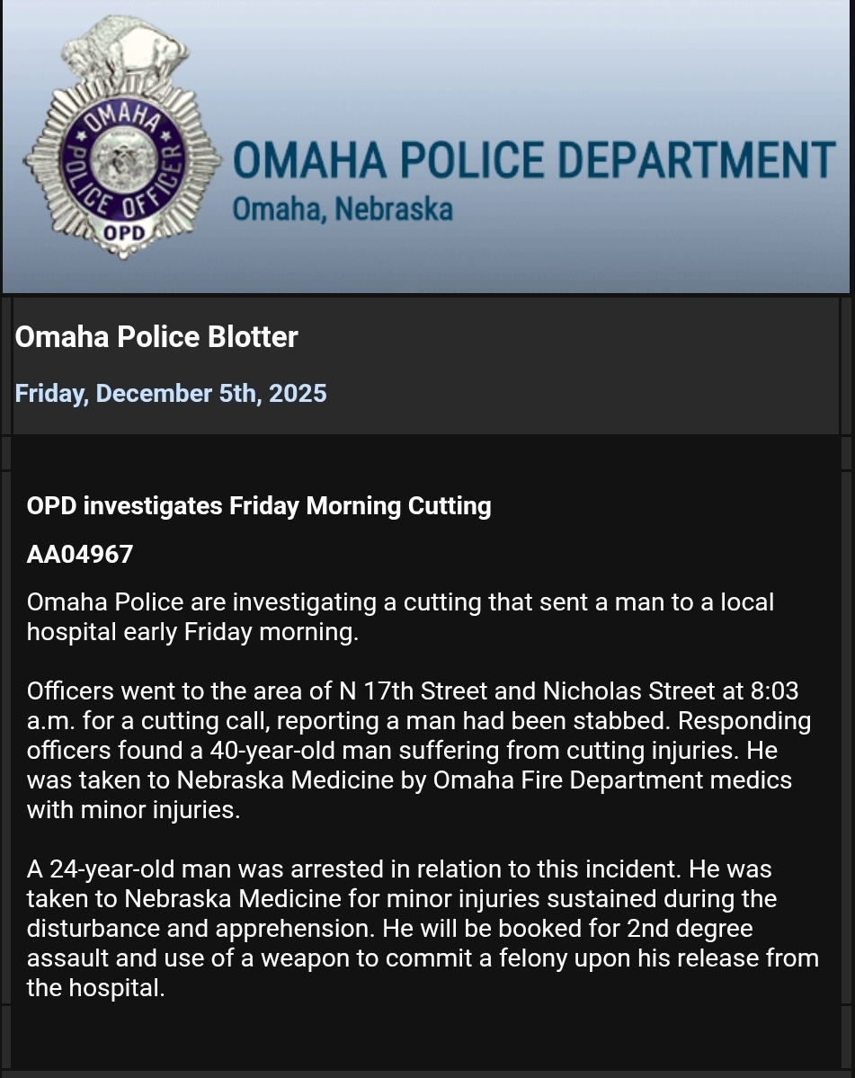 Omaha Police are investigating a cutting near N. 17th Street and Nicholas Street Friday morning. A 40-year-old man was taken to the hospital with minor injuries. A 24-year-old suspect, also treated for minor injuries, will be booked for 2nd degree assault and use of a weapon once