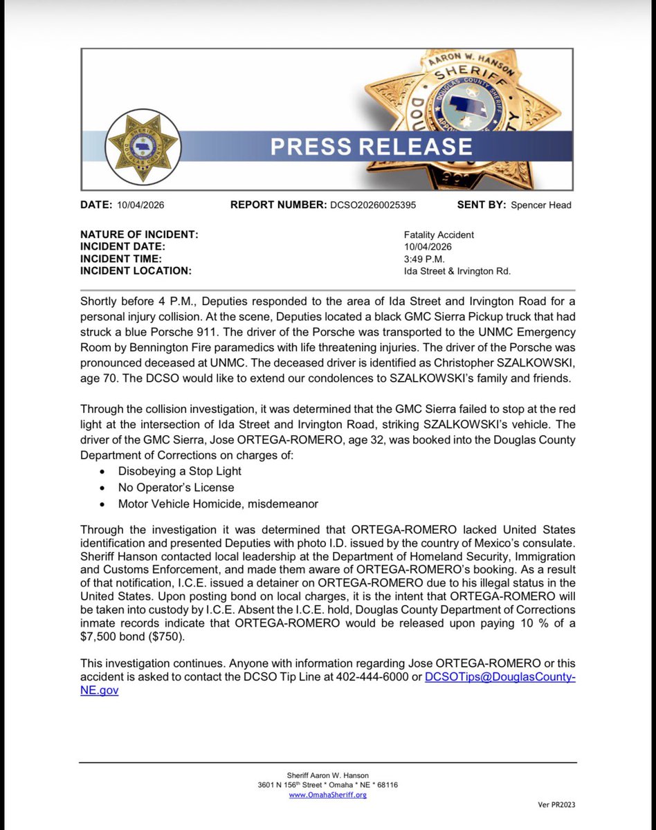DCSheriffNE deputies responded shortly before 4 p.m. to the area of Ida Street and Irvington Road and found a black GMC Sierra pickup had collided with a blue Porsche 911. The driver of the Porsche, identified as Christopher Szalkowski, 70, was transported to Nebraska Medicine