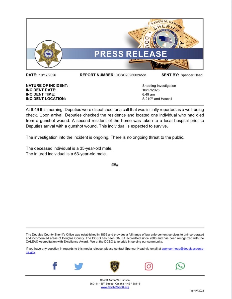 .DCSheriffNE investigates shooting near 219th and Hascall. Deputies responded to a welfare check at approximately 6:49 a.m. Upon arrival, deputies found a 34-year-old male deceased from a gunshot wound. A 63-year-old male was transported to a local hospital.